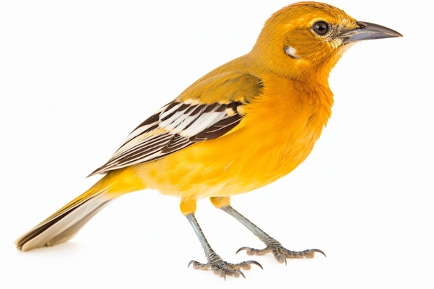 a yellow and black bird with a black and white striped tail feathers.