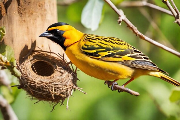 Photo a yellow and black bird with a nest in the background