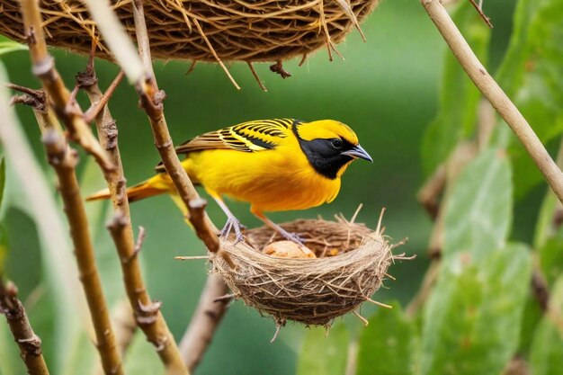 Photo a yellow and black bird with a yellow and black bird on the top of the nest