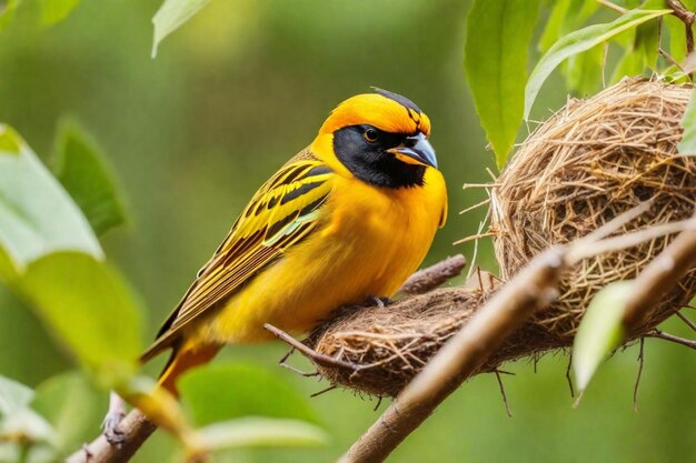 Photo a yellow and black bird with a yellow and black head and a black head