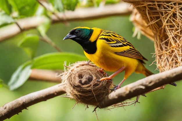 a yellow and black bird with a yellow and black head and a nest with a green background