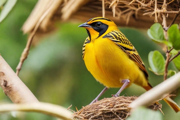 a yellow and black bird with a yellow head and black beak sits in a nest