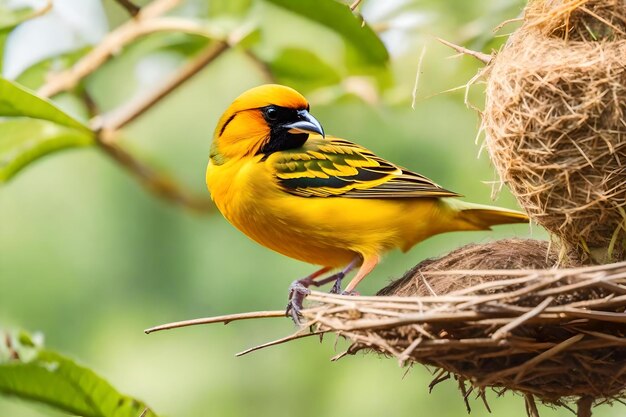 Foto un uccello giallo e nero con una testa gialla e strisce nere siede in un nido con il suo nido.