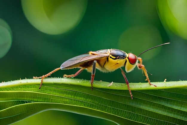 Photo a yellow and black bug sits on a leaf.