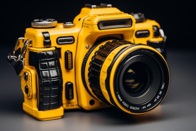 a yellow and black camera on a black background