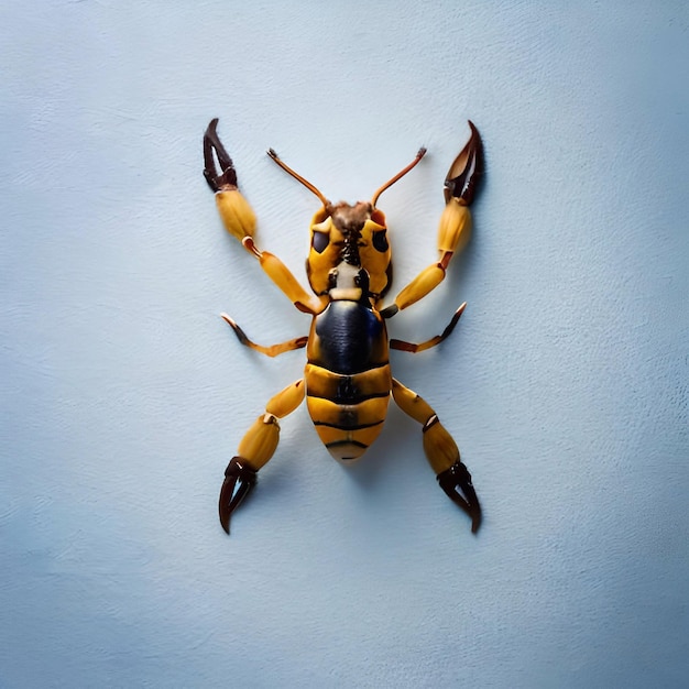 A yellow and black crab is laying on a blue surface.
