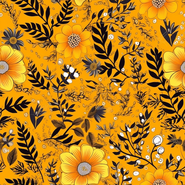 Yellow and black floral pattern with leaves and flowers generative ai