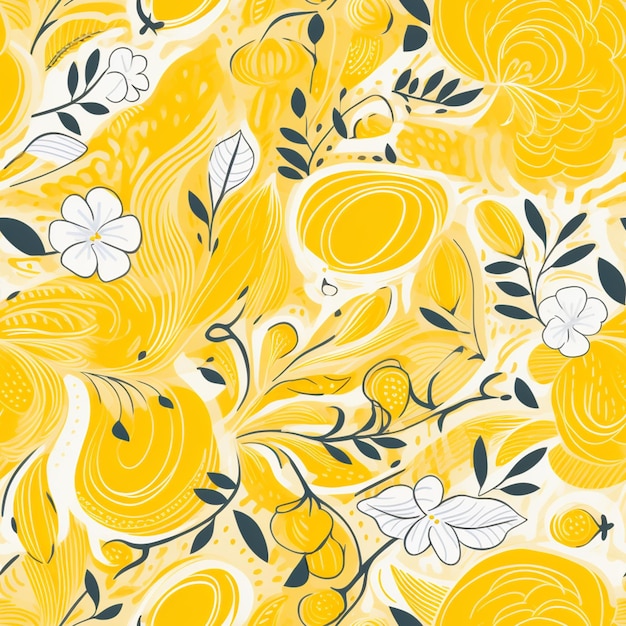 A yellow and black floral pattern with white flowers generative ai