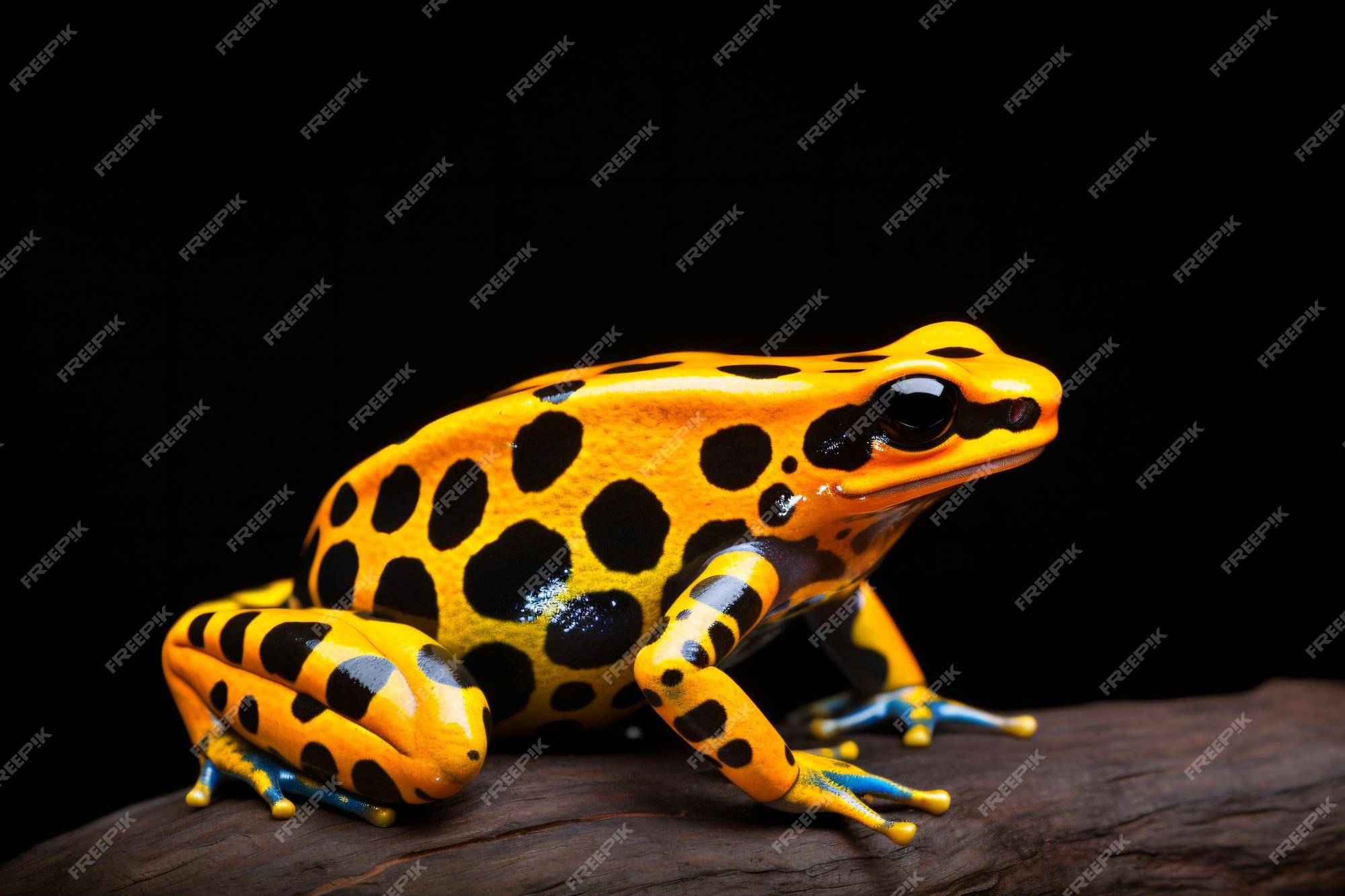 Premium AI Image | a yellow and black frog sitting on a branch