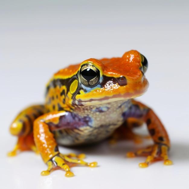 A yellow and black frog with a black and orange body sits on a white surface.