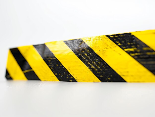 A yellow and black hazard tape on a white surface