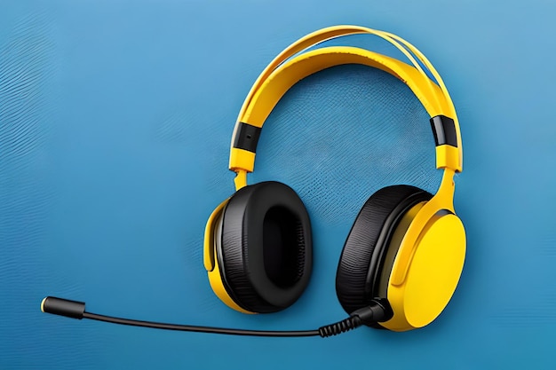 A yellow and black headphones with a microphone on a blue background.