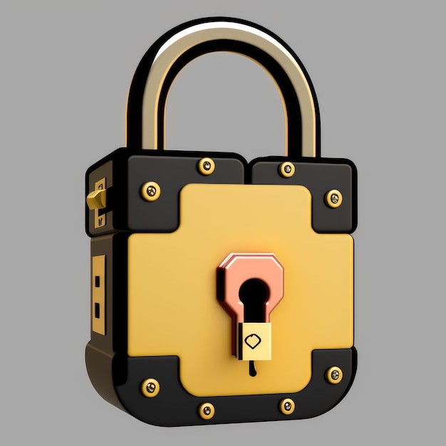 A yellow and black padlock with a key in the middle