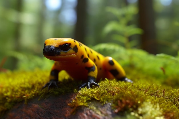 A yellow and black salamander sits on a mossy log.