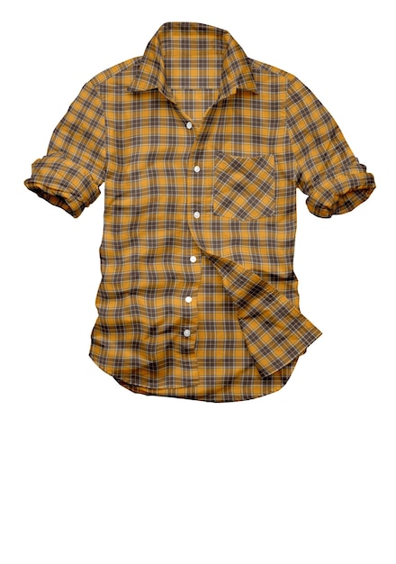 A yellow and black shirt with a yellow checkered pattern is hanging on a white background.
