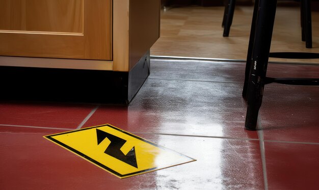 A yellow and black sign on a red floor that says z on it.