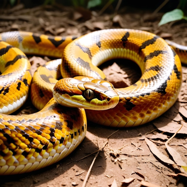 Photo a yellow and black snake with a black and brown stripe