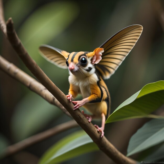 A yellow and black striped moth is on a branch.