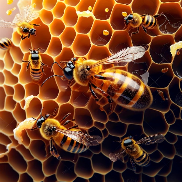 Yellow and black stripy bees on the comb with uneven cells Busy insects with drops of honey around Close up Generative AI