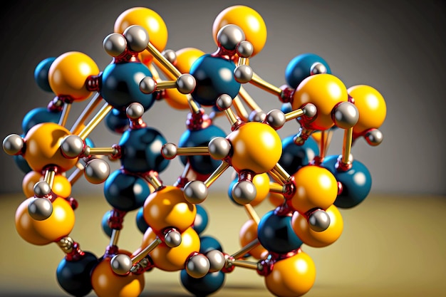 Yellow black threedimensional model molecule closeup with connected atoms