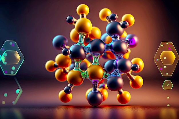 Фото Желтый черный трехмерный крупный план молекулы модели со связанными атомами
