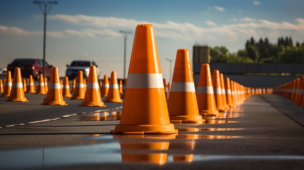 Foto coni di traffico gialli e neri sull'asfalto la sera