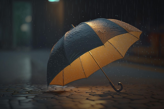 A yellow and black umbrella is in the rain.