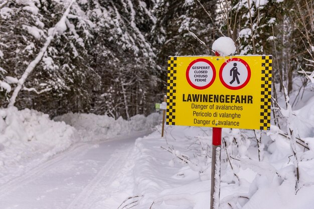 Foto segnale di avvertimento giallo-nero chiuso pericolo di valanga una strada innevata della foresta austriaca