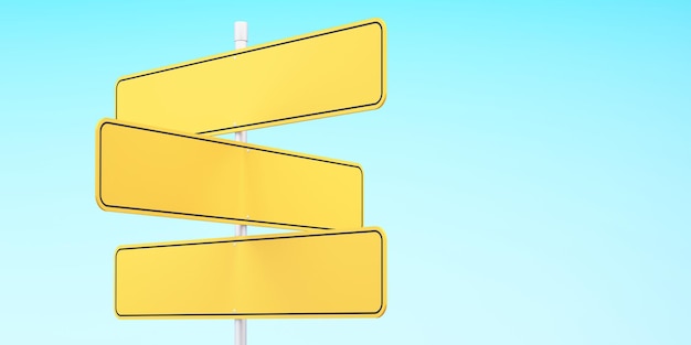 Yellow blank traffic road sign,direction sign board on sky background,3d rendering