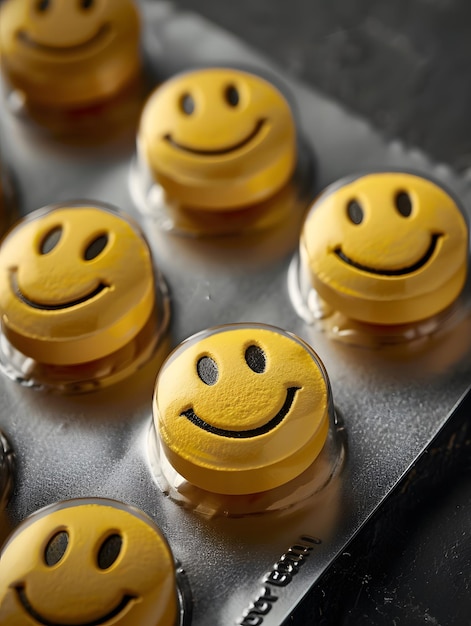 Photo yellow blister pack of pills with smiley faces for happy ingredients