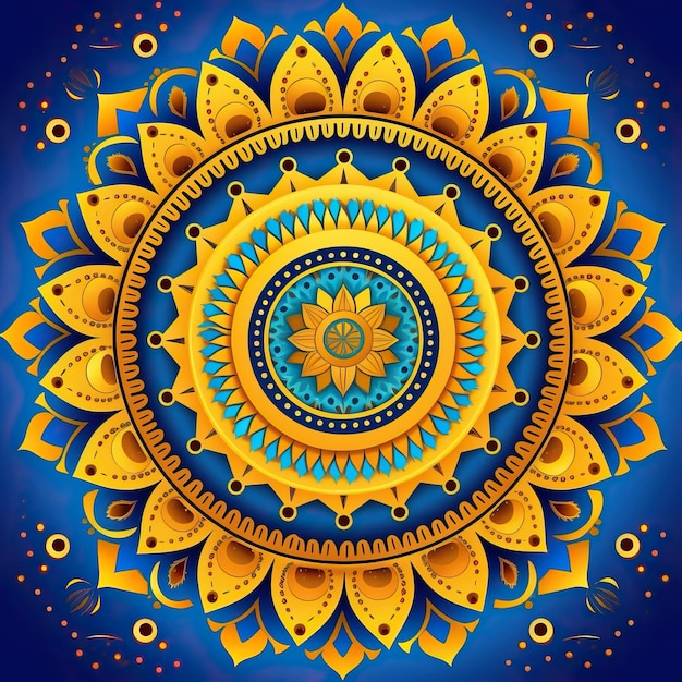 a yellow and blue background with a yellow flower design