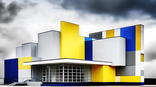 yellow and blue building with blue sky Generative AI AI Generated