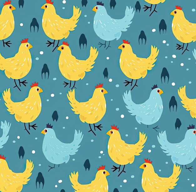 Photo a yellow and blue chicken pattern as a in the style of soggy