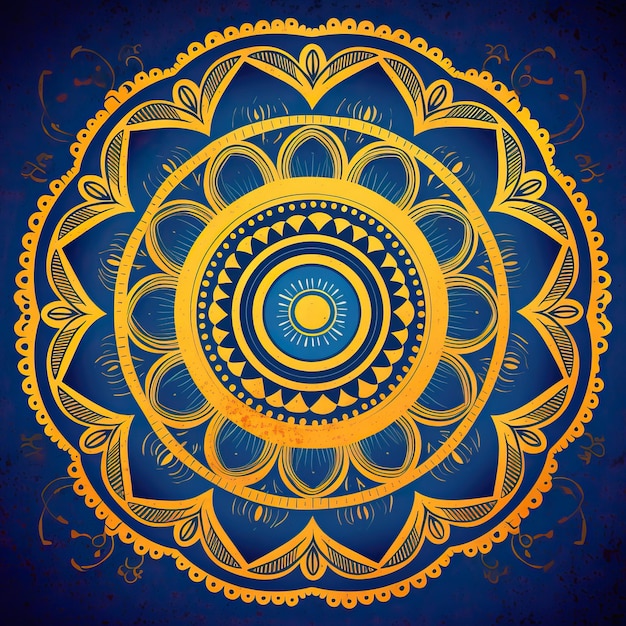 A yellow and blue circle with a yellow flower design on it