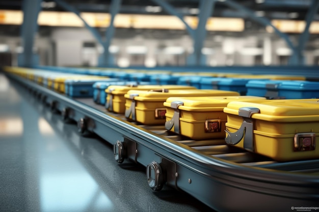 Yellow and Blue Containers on Conveyor Belt