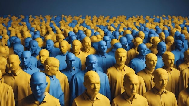 Yellow and blue cutout paper heads in a row unity people coming together