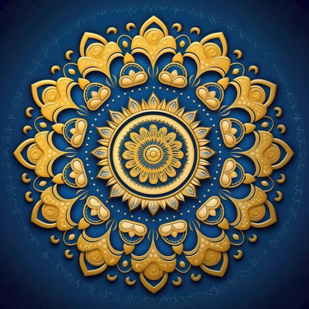 A yellow and blue design with a gold flower on it