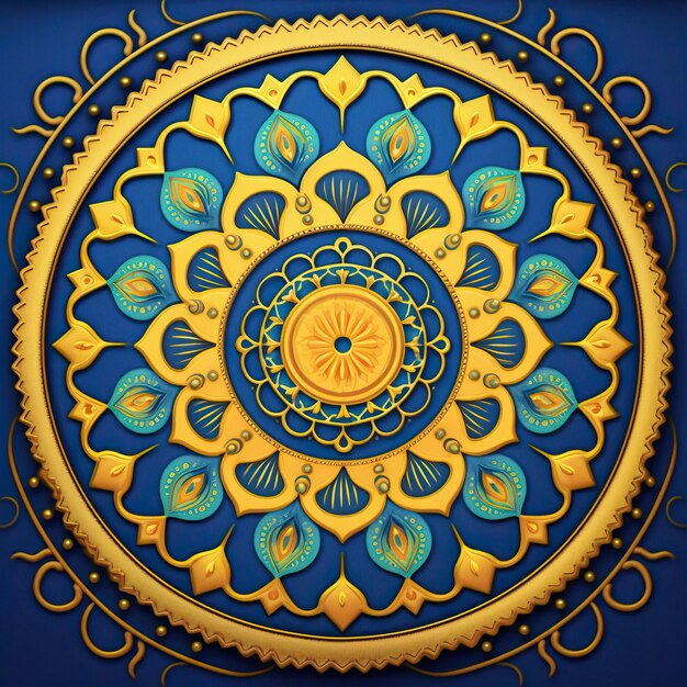 a yellow and blue design with a yellow flower on it