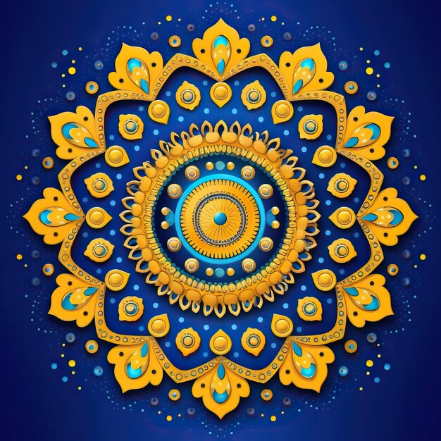 a yellow and blue design with a yellow flower on it