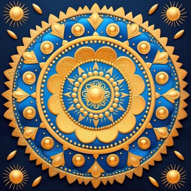 A yellow and blue design with a yellow flower on it