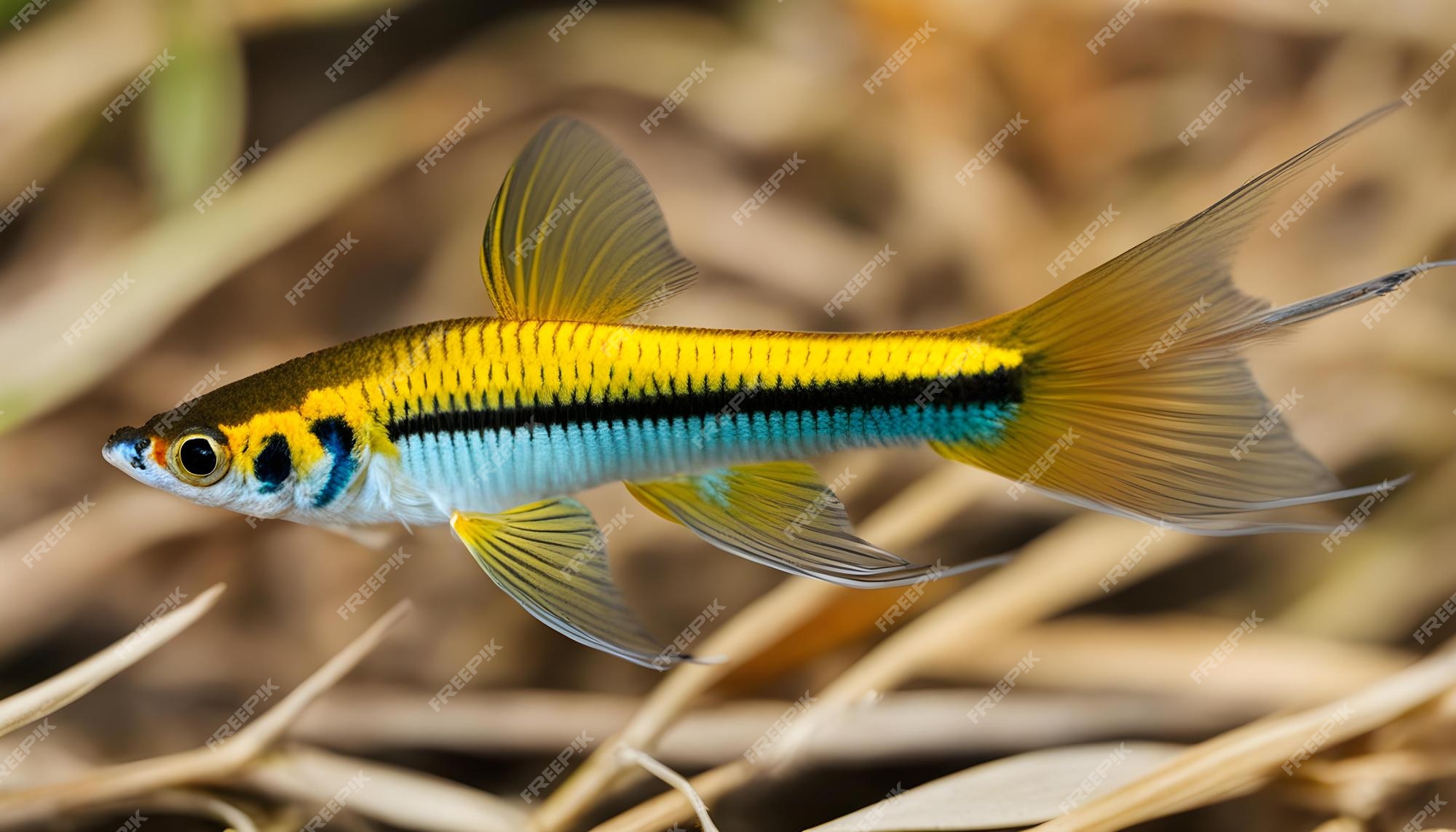 Premium Photo | A yellow and blue fish with blue markings and a blue tail