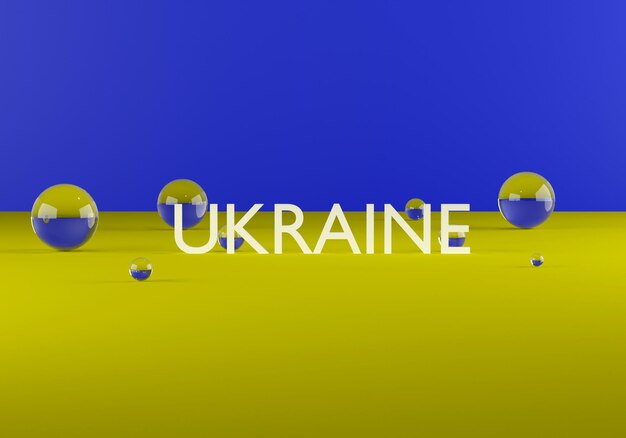 Yellow-blue flag of Ukraine with 3D inscription Ukraine. 3d render of flag and inscription Ukraine