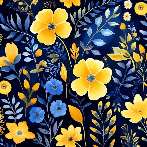yellow and blue flowers on a dark blue background generative ai