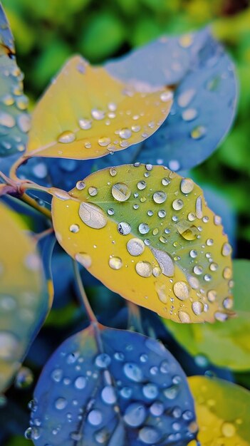 黄色と青の葉と水の滴