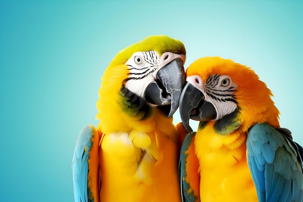 Желто-синие попугаи-любовники на светло-синем фоне Два красочных попугая-любовников целуются Цветные домашние животные Обнимают животных Любовный баннер Национальный день объятий Обложка заметки или шаблон открытки