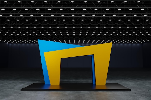 Foto stand espositivo moderno giallo e blu nell'arco della sala per lo spettacolo di fiera di prodotti 3d