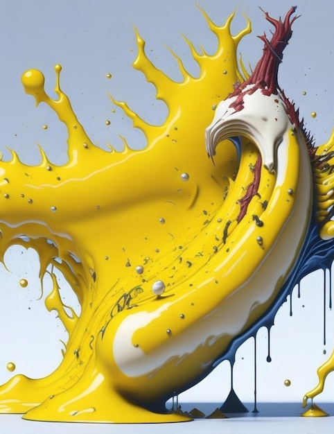 A yellow and blue splash of water with a white and red design