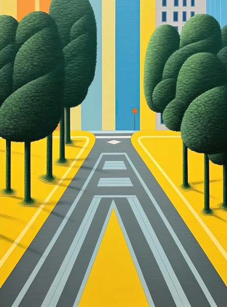 a yellow and blue street with trees and a zebra crossing in the style of swiss