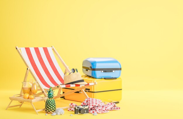 해변 의자와 노란색 배경에 여행 액세서리가 있는 노란색 및 파란색 가방 여름 여행 개념 3d 모델 및 그림