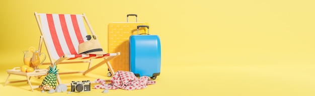 黄色の背景にビーチチェアと旅行アクセサリーが付いた黄色と青のスーツケース夏の旅行コンセプト3dモデルとイラスト